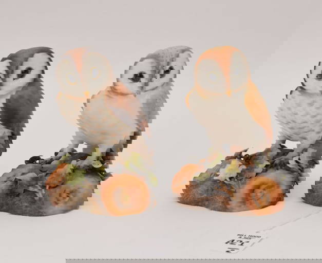 Two Royal Crown Derby Porcelain Owl Figurines Two Royal Crown