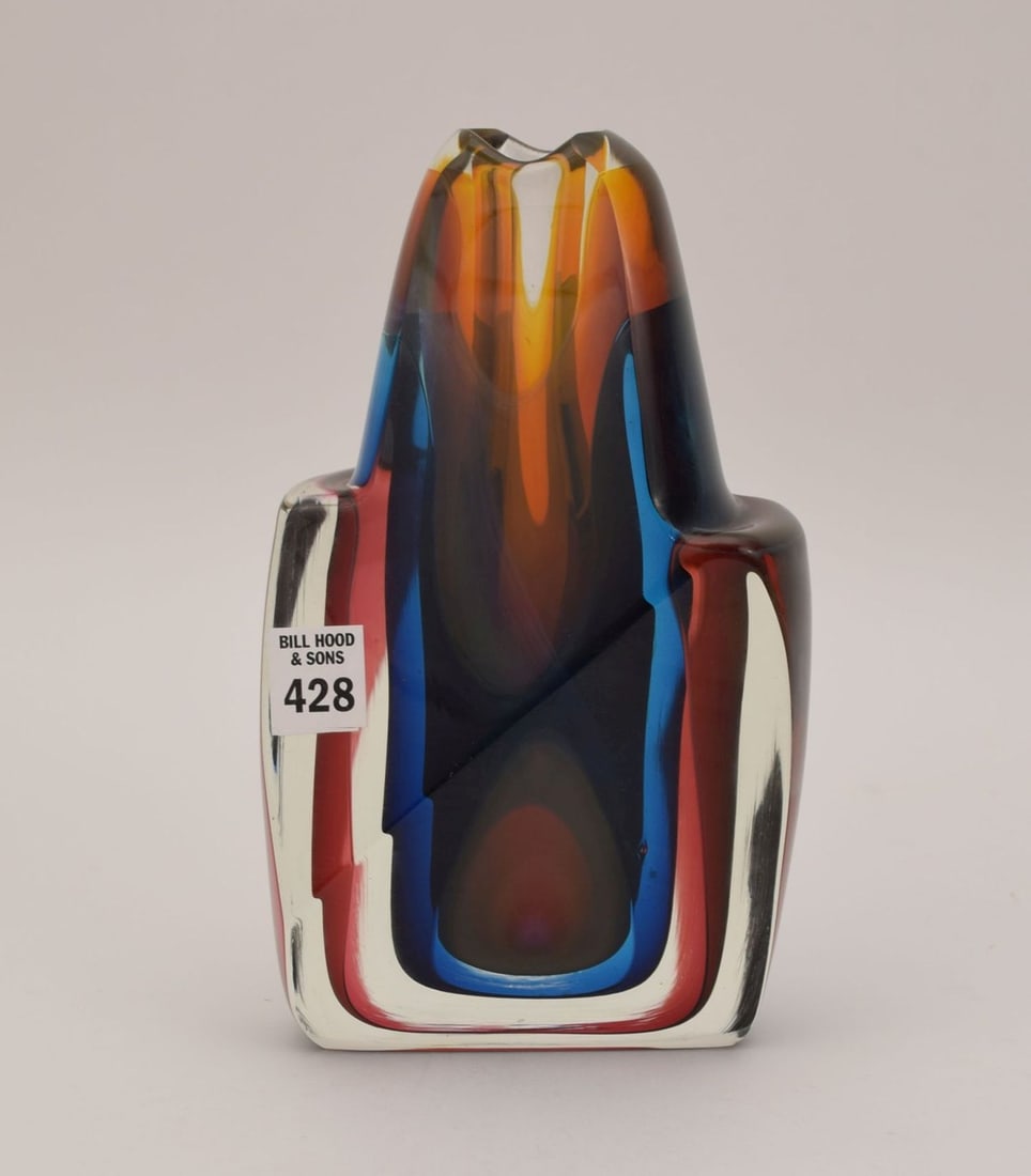 Signed Studio Art Glass Vase - Sommerso-style modernist asymmetrical vase with clear, blue, (1 of 6)