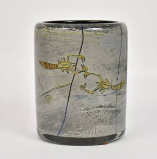 Brent Kee Young FOSSIL FANTASY Art Glass Vase, c. 1980 - Brent Kee Young (American, b. 1946). A: Brent Kee Young FOSSIL FANTASY Art Glass Vase, c. 1980 - Brent Kee Young (American, b. 1946). A cylindrical art glass vase with "fossil" depicted on a naturalistic stone inspired ground varying from g