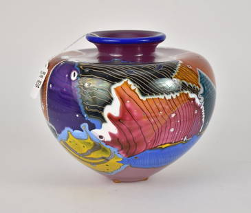 Peter Ridabock Colorful Studio Art Glass Vase - Peter Ridabock (American, b. 1955) multi-color: Peter Ridabock Colorful Studio Art Glass Vase - Peter Ridabock (American, b. 1955) multi-color globular vase. Signed "Peter Ridabock 1989" on underside. 6 3/4" h x 8" diameter. Condition: Fine