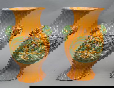 Pair Chinese Pottery Oversized Vases, 25"h x 18"w: Pair Chinese Pottery Oversized Vases, 25"h x 18"w