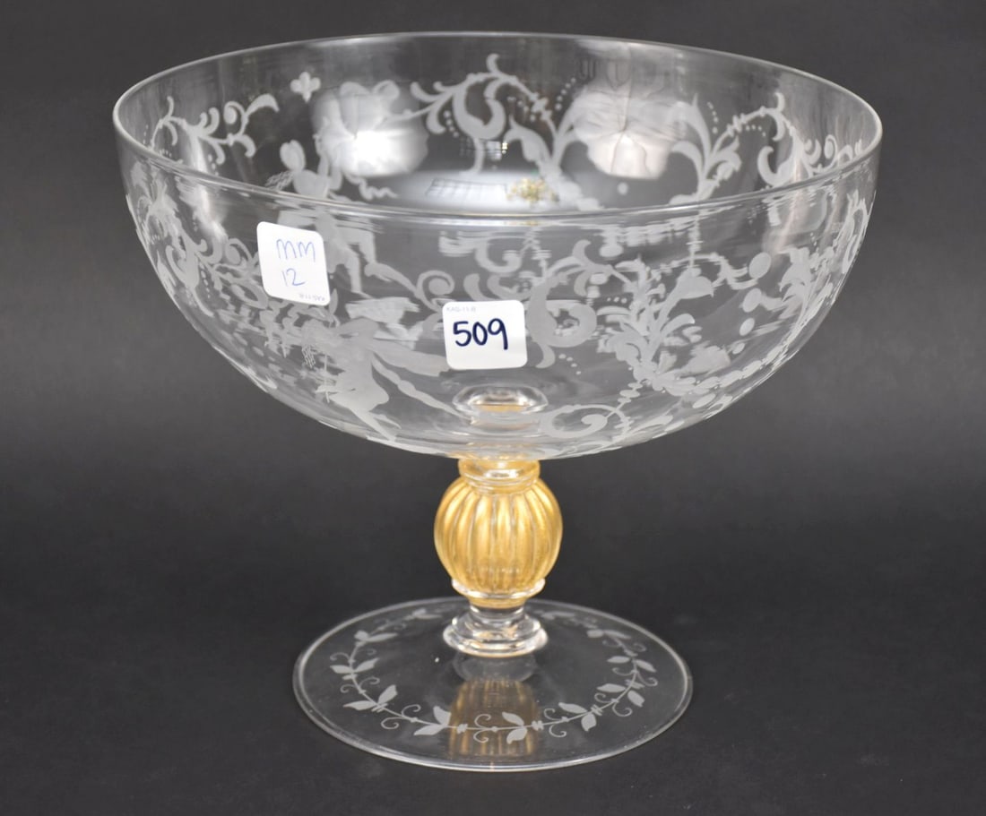 Large Pedestal Crystal Compote, Etched Mythological Figures Around, 9"h x 10"dia (1 of 5)