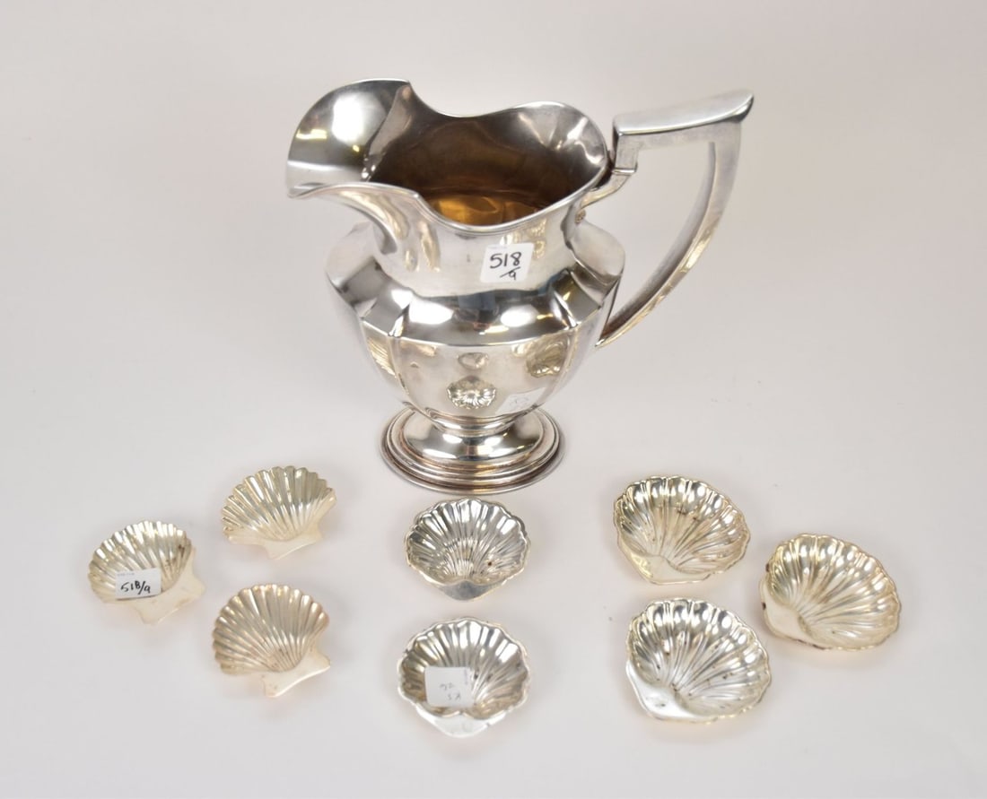 Sterling Silver Pitcher And 8 Sterling Silver Shell Form Salts, 32ozt (1 of 10)