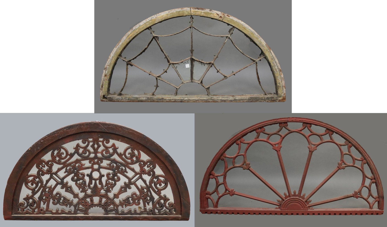 3 Unusual Early 1/2" Circle Window Frames, 30"h x 55"w largest (as is) (1 of 16)