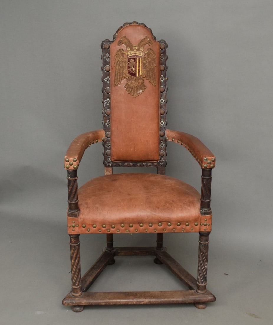 Worn Leather Arm Chair, 18th c., Narrow Vertical Back with Large Brass Buttons, Applied Eagle (1 of 6)