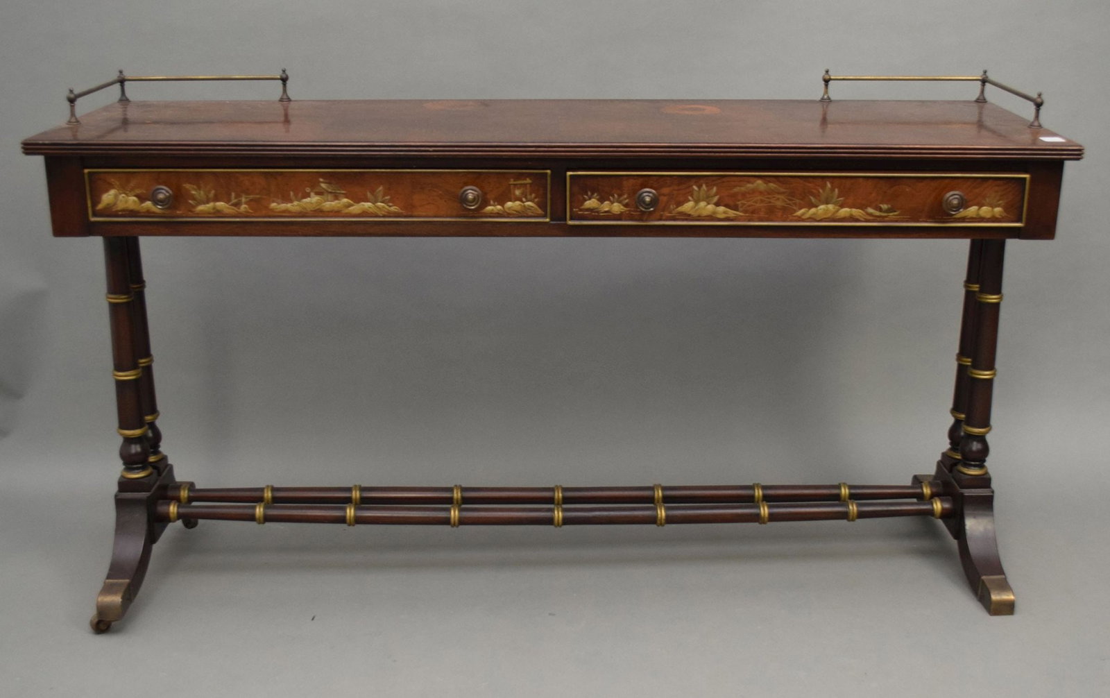 Burled Mahogany Sofa Table with 2 Side by Side Drawers, Chinioserie Design on Bamboo Motif, Supports (1 of 7)