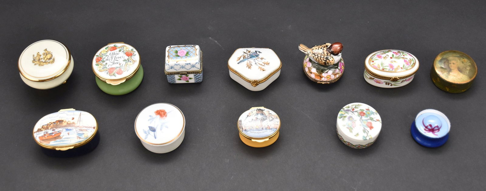 12 Miniature Assorted Trinket Boxes, Mostly English, 1 with 2 Miniature Bottles, 1 Marked Cartier (1 of 12)