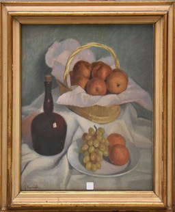 Giulio Vanzaghi (Italian 1887-1973) - Novara 1942 Italian Oil on canvas, fruit basket on table, 23: Giulio Vanzaghi (Italian 1887-1973) - Novara 1942 Italian Oil on canvas, fruit basket on table, 23 1/2 x 19 1/2, overall frame size 29 x 25 1/2 inches