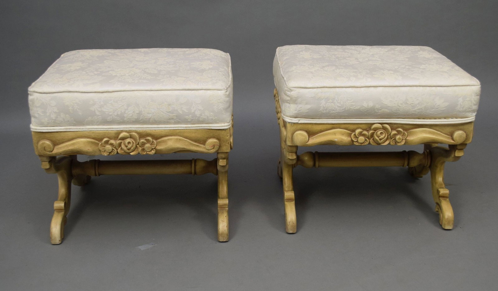 Pair Of Vintage Stools with Ivory Brocade, 16"h x 19"w x 16"d (1 of 2)