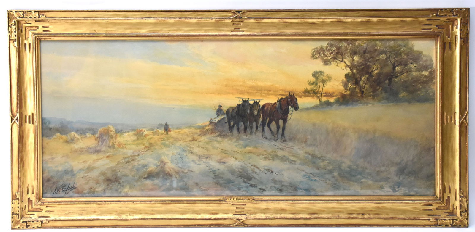 Frank F. English (American 1854-1922)- Watercolor Harvest Time, 16 x 39 sight, in carved and gilded (1 of 8)