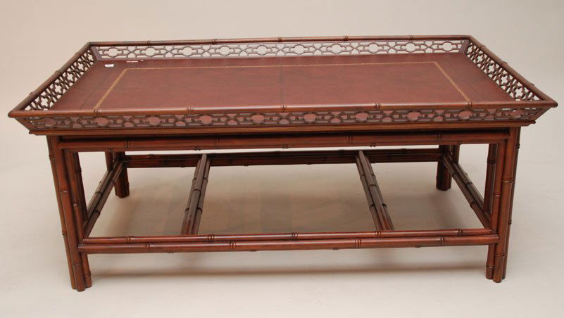 One piece custom English Chippendale tray/table on: One piece custom English Chippendale tray/table on bamboo base, 20"h x 48"w