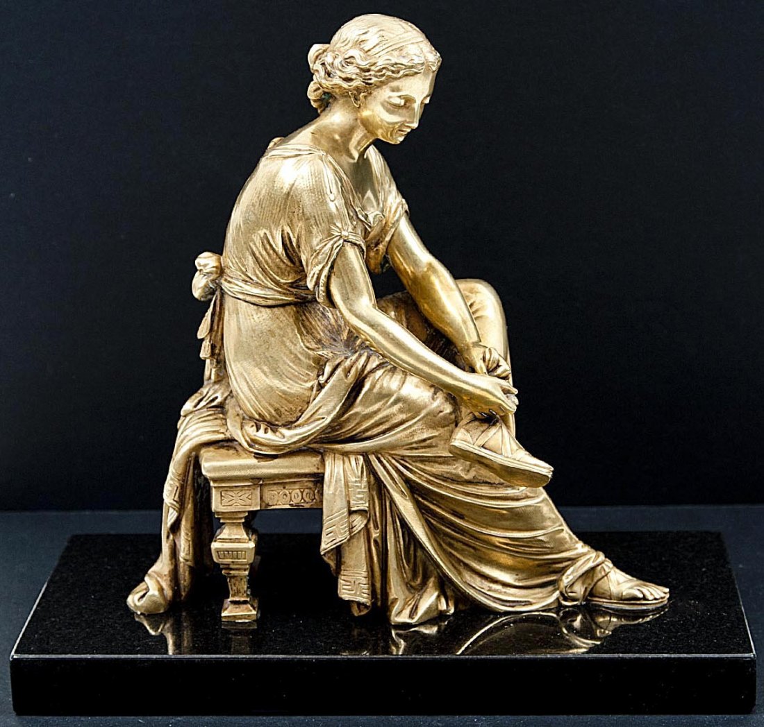 Dore bronze female sculpture, signed Duchoiselle: Dore bronze reclining female sculpture, signed Duchoiselle, late 19th c, little known of this artist other than having executed ceiling reliefs for Louvre & other important buildings such as Garniers 