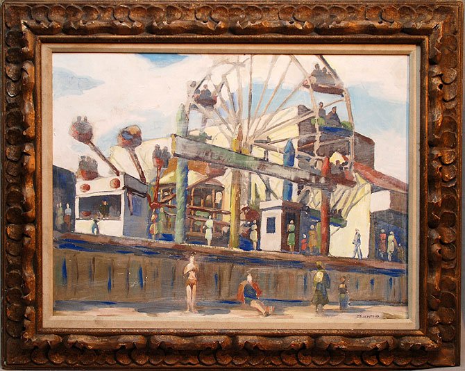 Walter Stuempfig (AMERICAN, 1914-1970) oil on arti: Walter Stuempfig (AMERICAN, 1914-1970) oil on artist board, "boardwalk" 18" x 24"