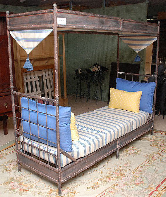 French painted iron day bed with custom bedding a: French painted iron day bed with custom bedding and adjustable position, 75"h x 88"L x 30"w (some paint loss)