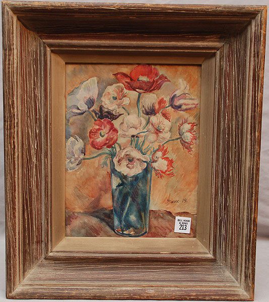 Ernest Fiene (AMERICAN, 1894-1965) Watercolor, Sti: Ernest Fiene (AMERICAN, 1894-1965) Watercolor, Still life flowers in blue vase, 12" x 9"