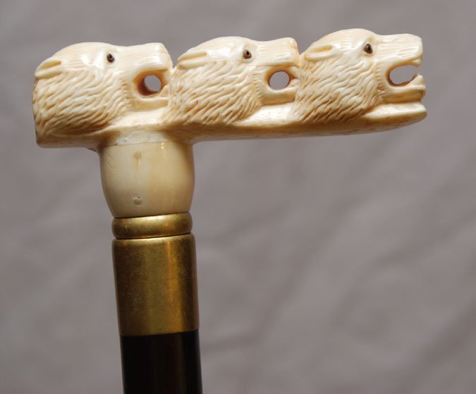 Walking stick with Marine ivory bears as handle, 3: Walking stick with Marine ivory bears as handle, 34"L