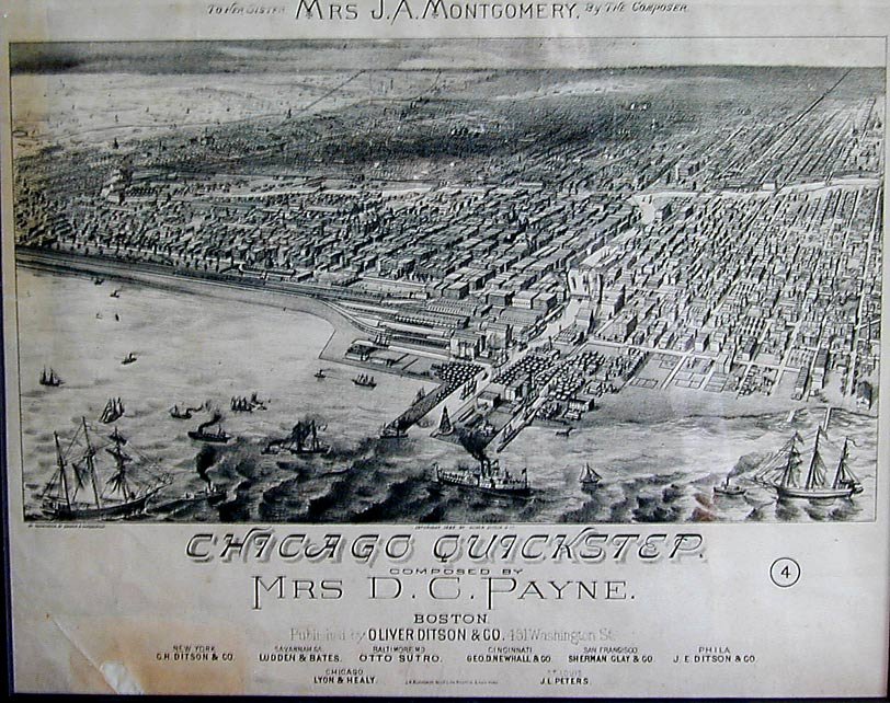 1882 LITHO SHEET MUSIC COVER "CHICAGO QUICKSTEP" A: 1882 LITHO SHEET MUSIC COVER "CHICAGO QUICKSTEP" A framed 19thc sheet music cover composed by Mrs. D.C. Payne titled "Chicago Quickstep" by the lithographic firm John H. Bufford and Sons, Boston; publ