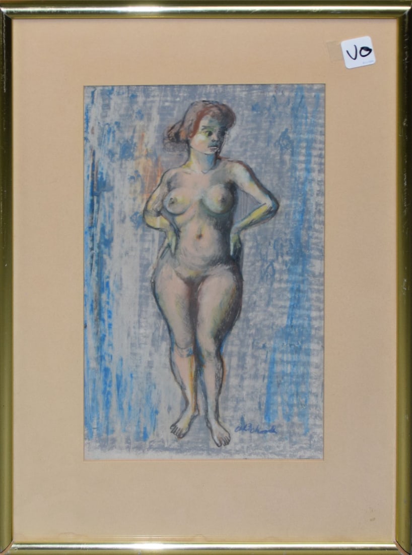 Aaron Bohrod (AMERICAN, 1907–1992) nude watercolor, mixed media, standing nude, 13 1/2" x 8": Aaron Bohrod (AMERICAN, 1907–1992) nude watercolor, mixed media, standing nude, 13 1/2" x 8"