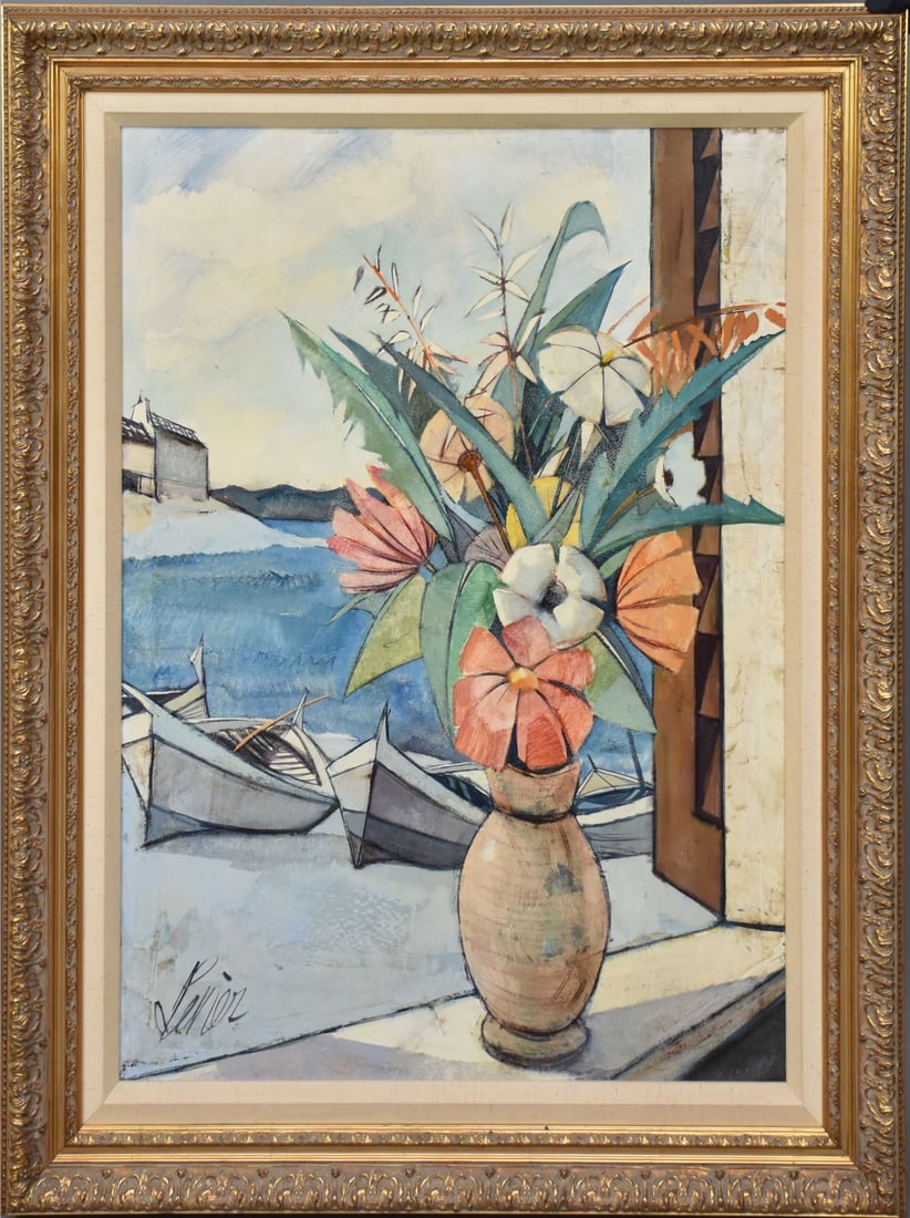 Charles Levier (French, 1920–2003) French Window View: Flowers in Vase with boats, signed lower (1 of 6)