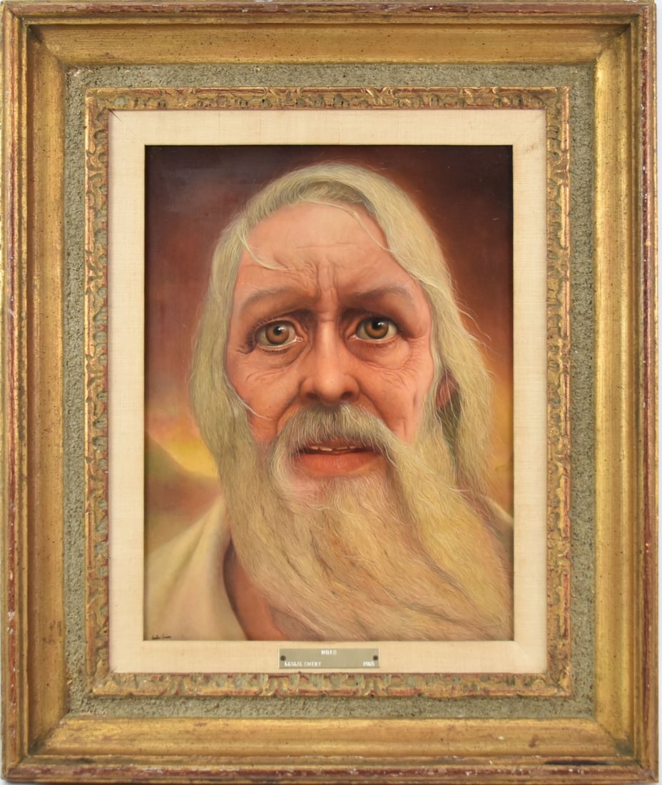 Leslie Emery (American, born 1912) Surrealistic Biblical Painting of Noah, oil on board,1965, signed: Leslie Emery (American, born 1912) Surrealistic Biblical Painting of Noah, oil on board,1965, signed lower right, 16 x 12 inches, framed 24 x 20 1/2 inches