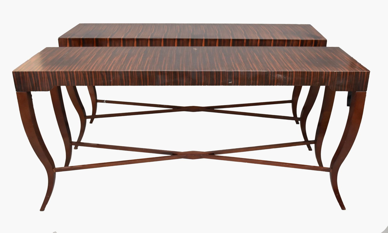 Pair of exotic stripped wood veneer mid century consoles, Dakota Label, 34"H x 72"W x 20"D. (1 of 11)