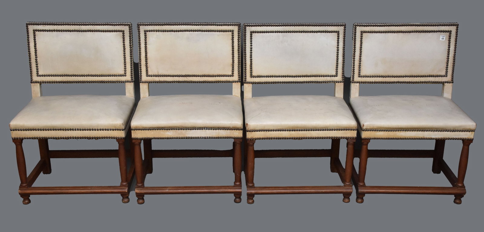 4 Italian Revival side chairs, as is leather upholstery - double banded brass nail heads. (1 of 10)