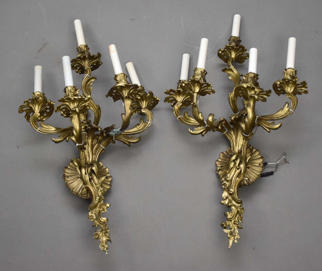 Pair French Rococo bronze 5 light wall sconces. (1 of 8)