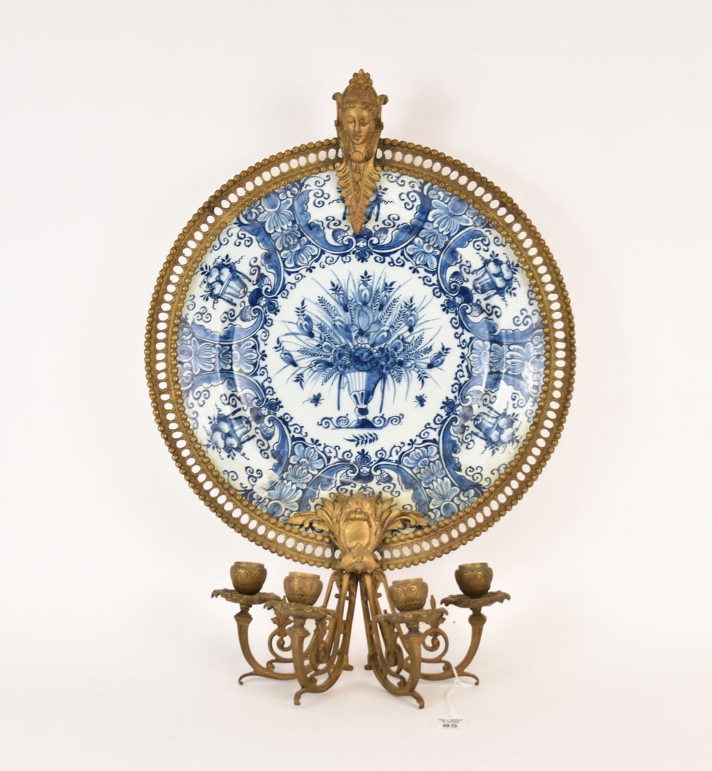 18th Century Dutch Delft Bronze Mounted Wall Sconce - A blue and white porcelain Delftware plate, (1 of 9)