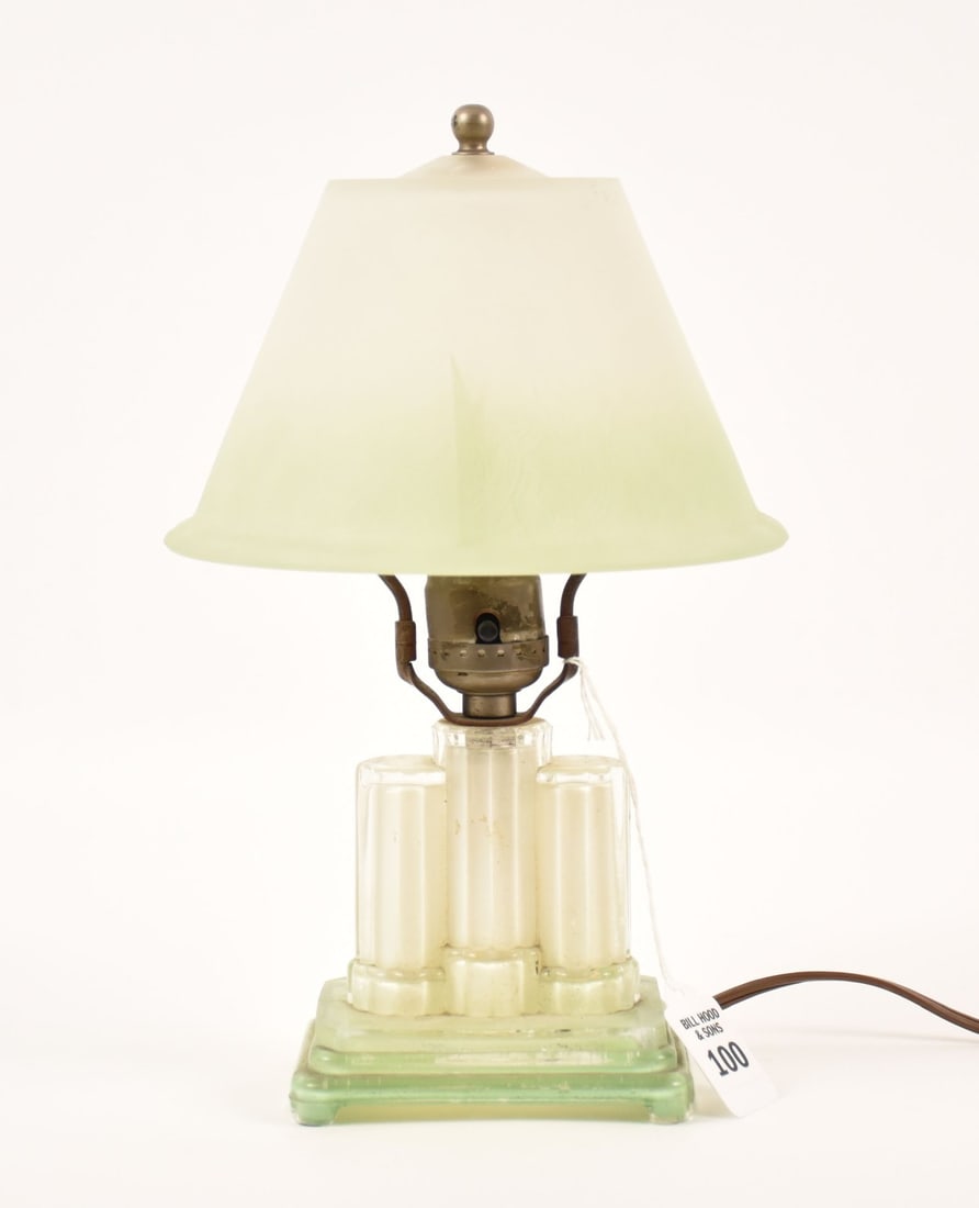 Art Deco Green Ombre Glass Table Lamp - c. 1920s. A small table lamp. The glass Deco base reverse (1 of 7)