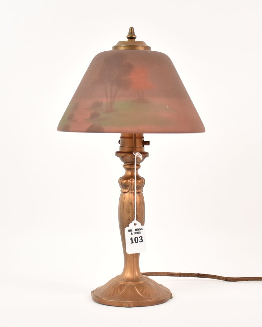Antique Reverse Painted Glass Shade Boudoir Lamp - An antique lamp with a reverse painted glass (1 of 9)
