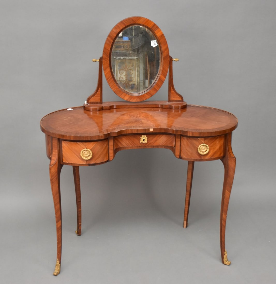 French satinwood veneer Kidney Shape vanity with swivel mirror over 3 side by side drawers. 47"H x (1 of 4)