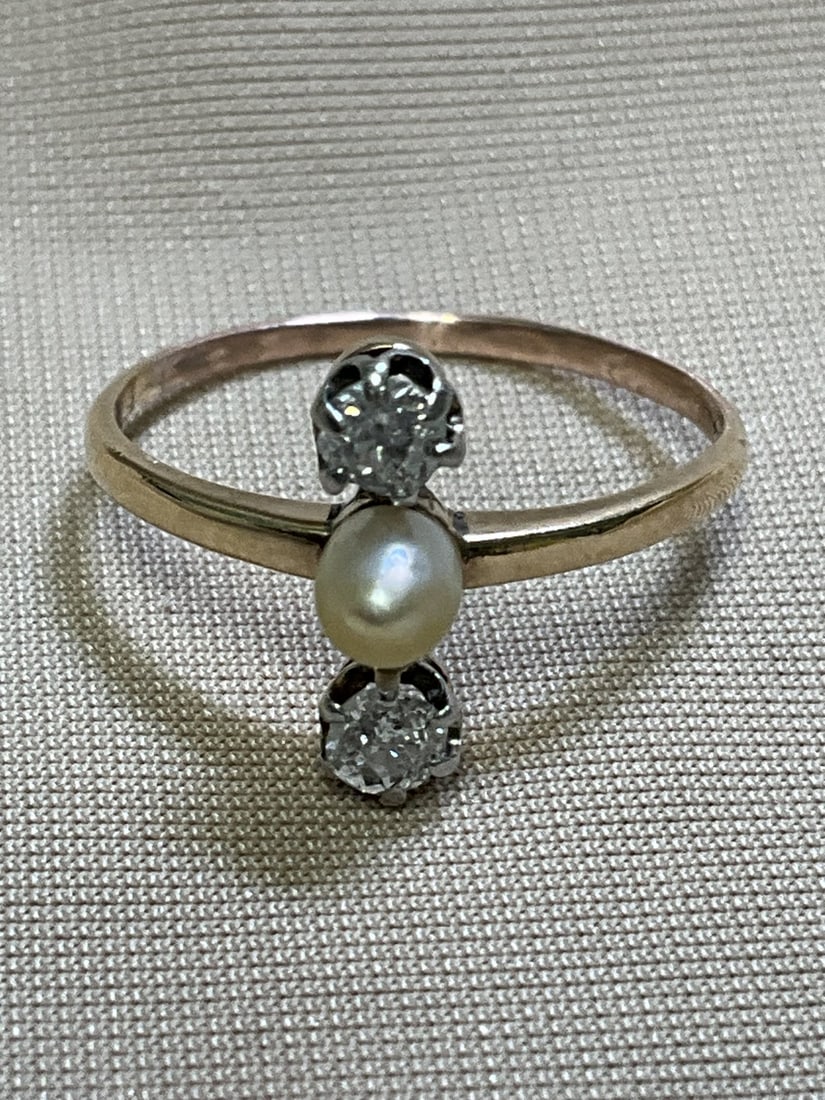 Russian Antique gold with two old cut diamond and pearl ring size 5.5, stamped 56: Russian Antique gold with two old cut diamond and pearl ring size 5.5, stamped 56