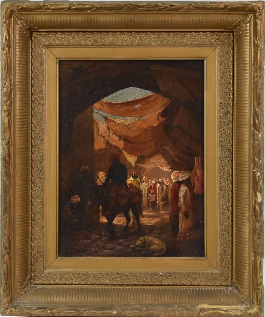 Edwin Lord Weeks (AMERICAN, 1849–1903) oil on board, Orientalist Moroccan Market Scene. 12 x 9 (1 of 7)