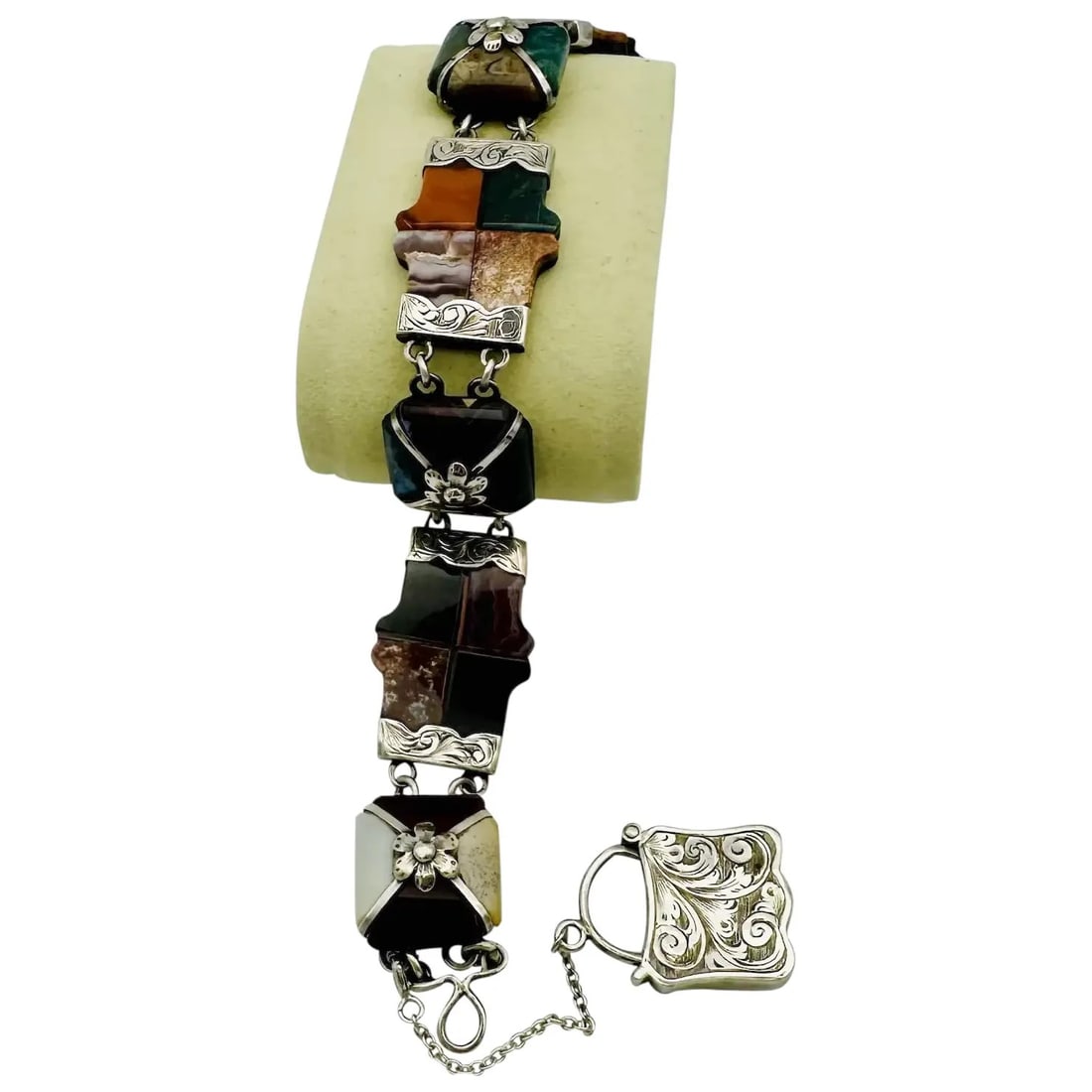 Victorian Scottish agate bracelet, circa 1880. Handmade in sterling silver Set with various agates, (1 of 4)