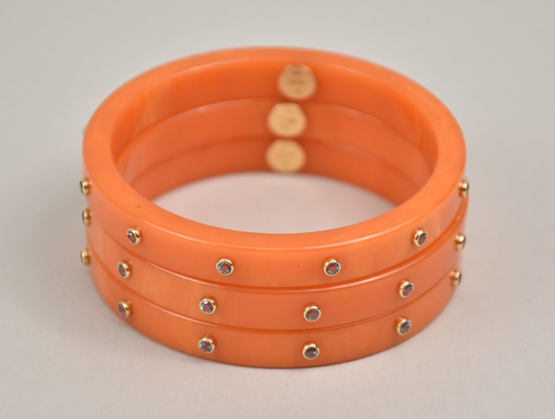 3 MARK DAVIS Orange Bakelite and Gem-set Bangle Bracelet with 12 Blue Topaz and 18K Gold . Inner (1 of 4)