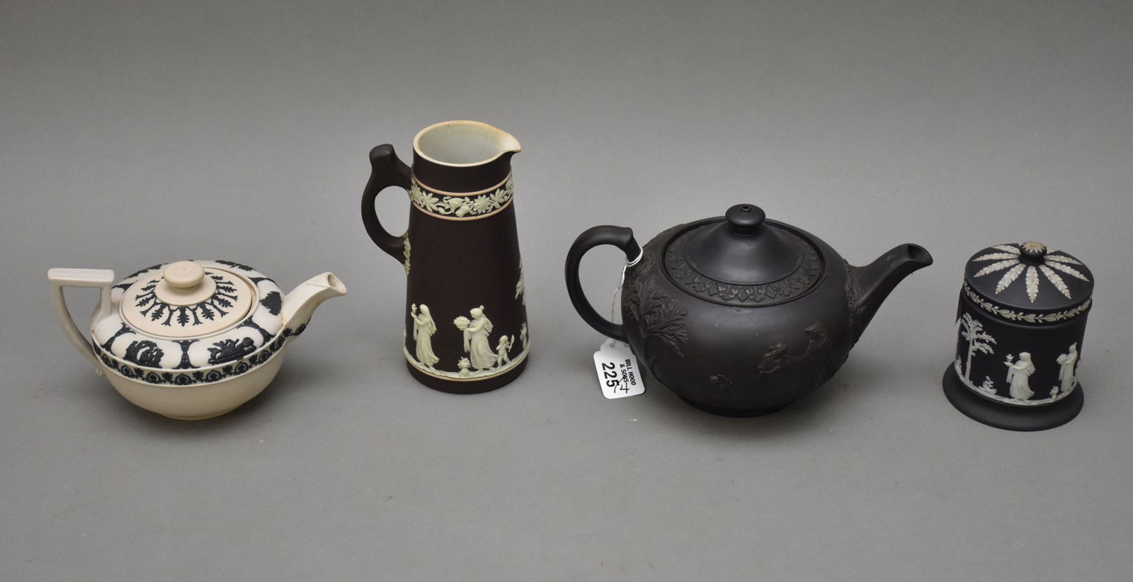 4 pieces of early Wedgwood, 1 basalt teapot, 3 Jasperware table items. (1 of 10)