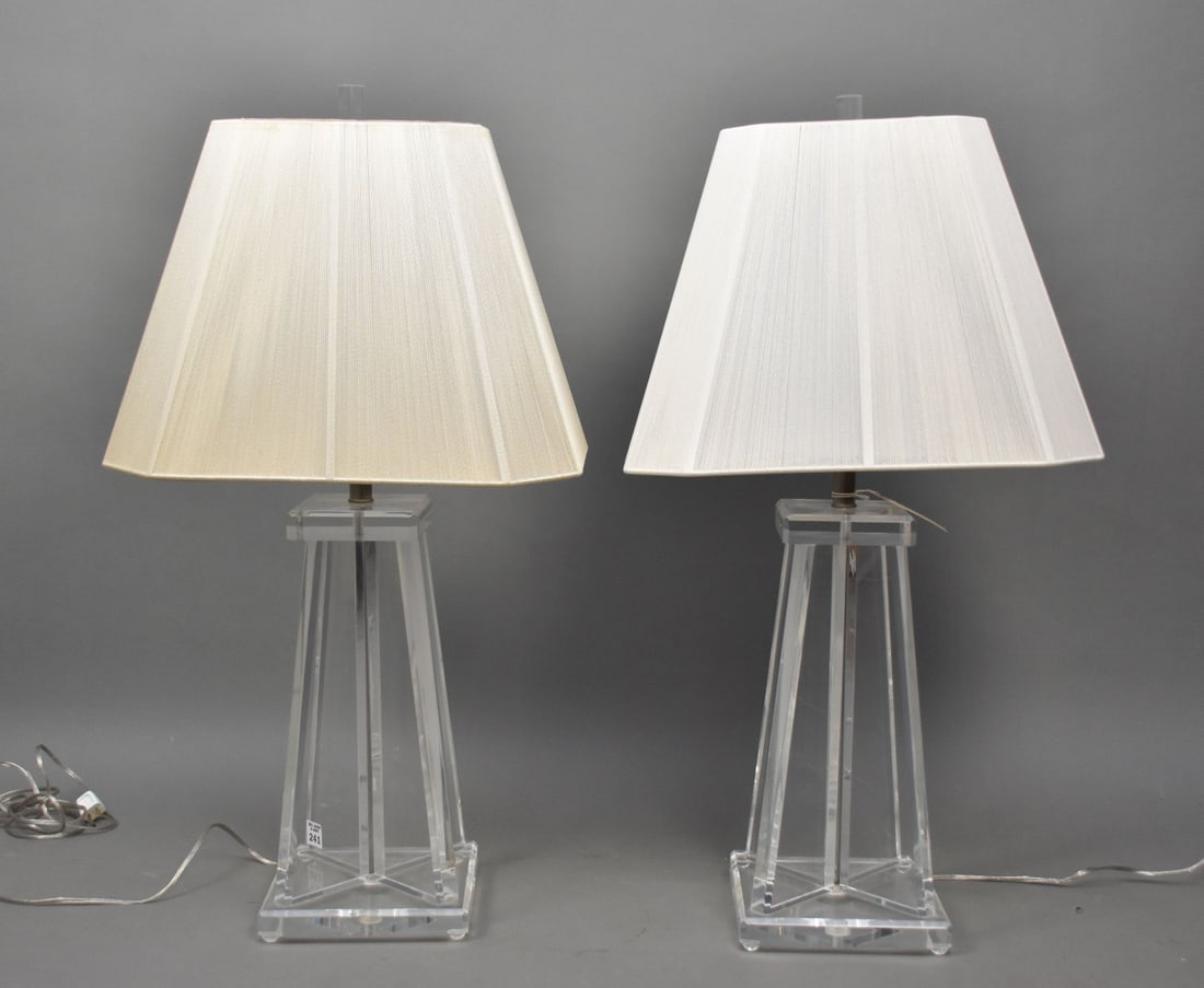 Pair of modern Lucite lamps with silk string shades, 33"h top of finial (1 of 11)