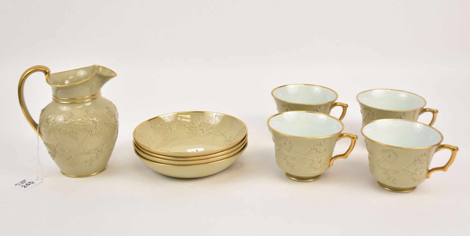9pc. Antique Wedgwood, 4 Large Coffee Cups, 4 Saucers and 1 Pitcher Flowers in Relief (1 of 9)