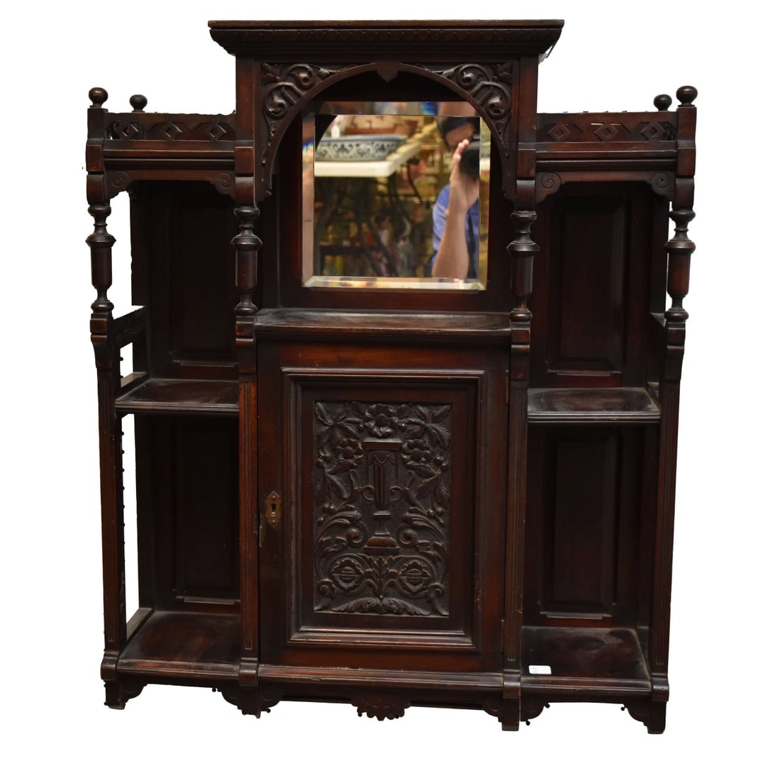 Victorian Curio Hanging Cabinet, circa 1890's, Mirrored Back Above Carved Panel Door and Shelving, (1 of 4)