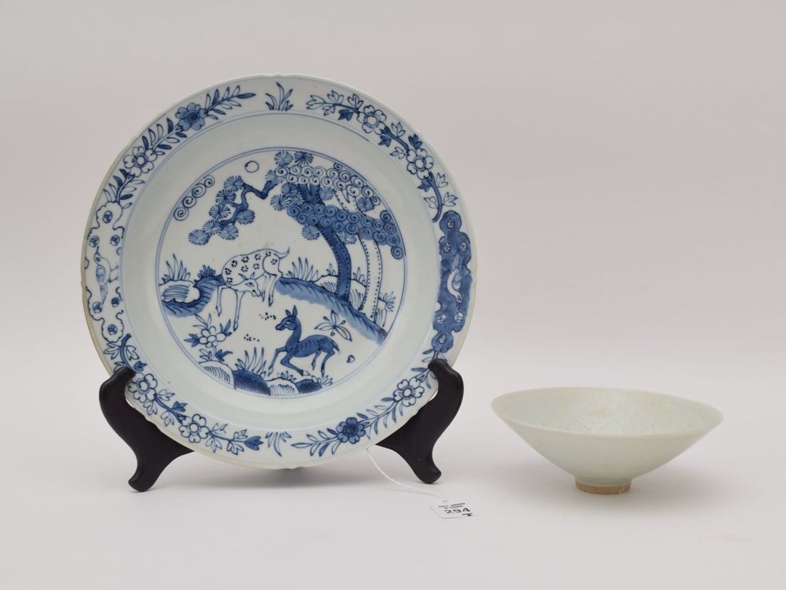 Chinese Blue & White Porcelain Charger & Celadon Bowl - A) porcelain charger bowl, blue underglaze: Chinese Blue & White Porcelain Charger & Celadon Bowl - A) porcelain charger bowl, blue underglaze decoration depicting two deer amongst foliage, apocryphal six-character Longqing mark in a double rin