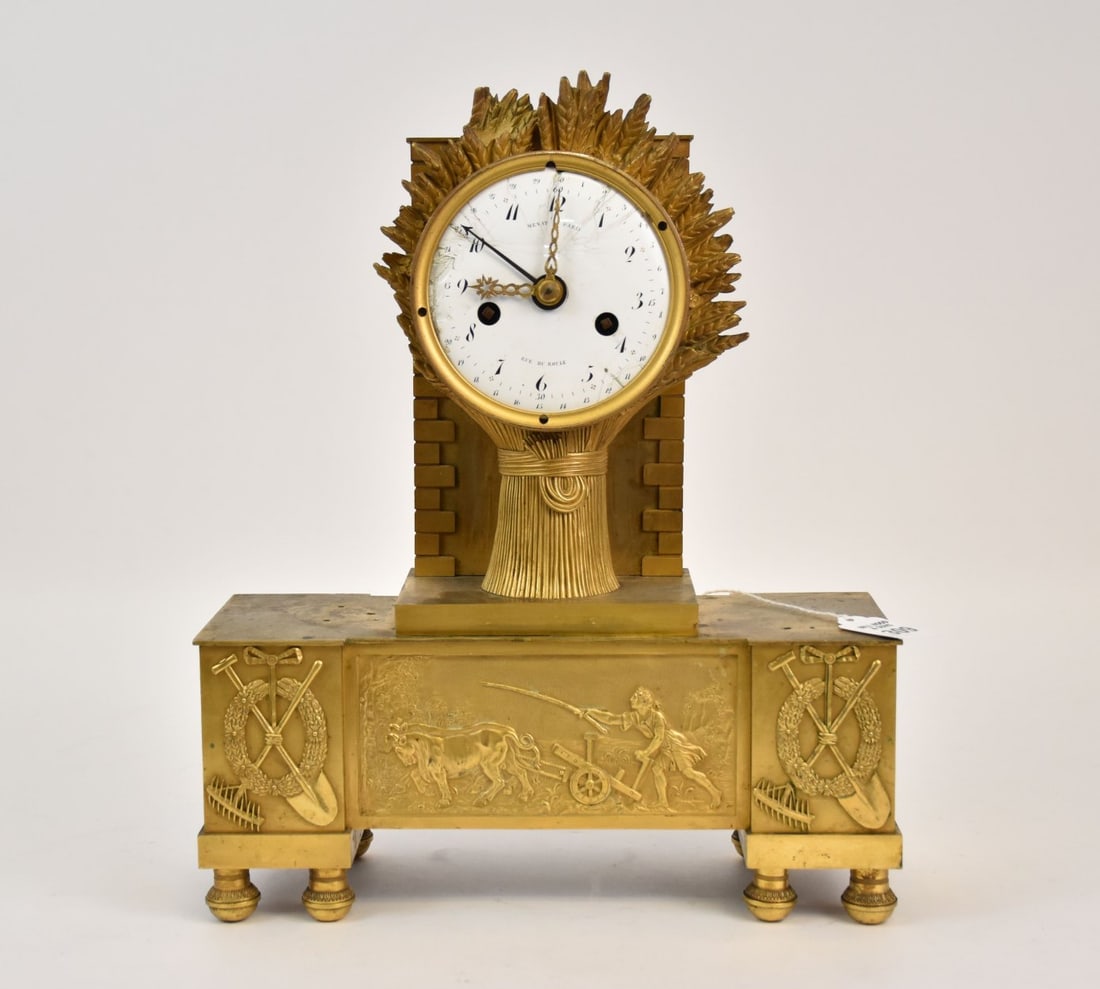 French Gilt Bronze Mantel Clock Harvest Motif Menat a Paris, C. 19th Century. A gilt bronze mantel (1 of 7)