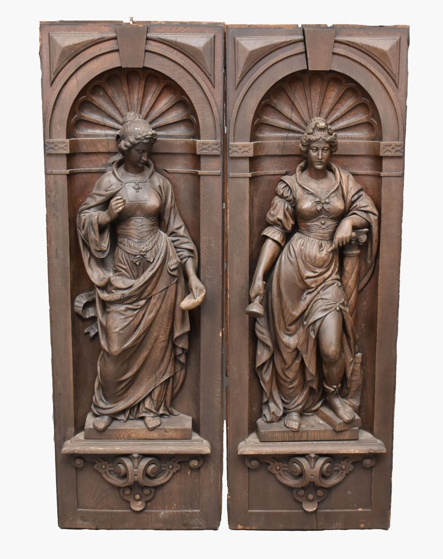 Pair 19th c. Large Carved Classical Figural Females on Oak Panels, Shell Form Over Figures Standing (1 of 8)