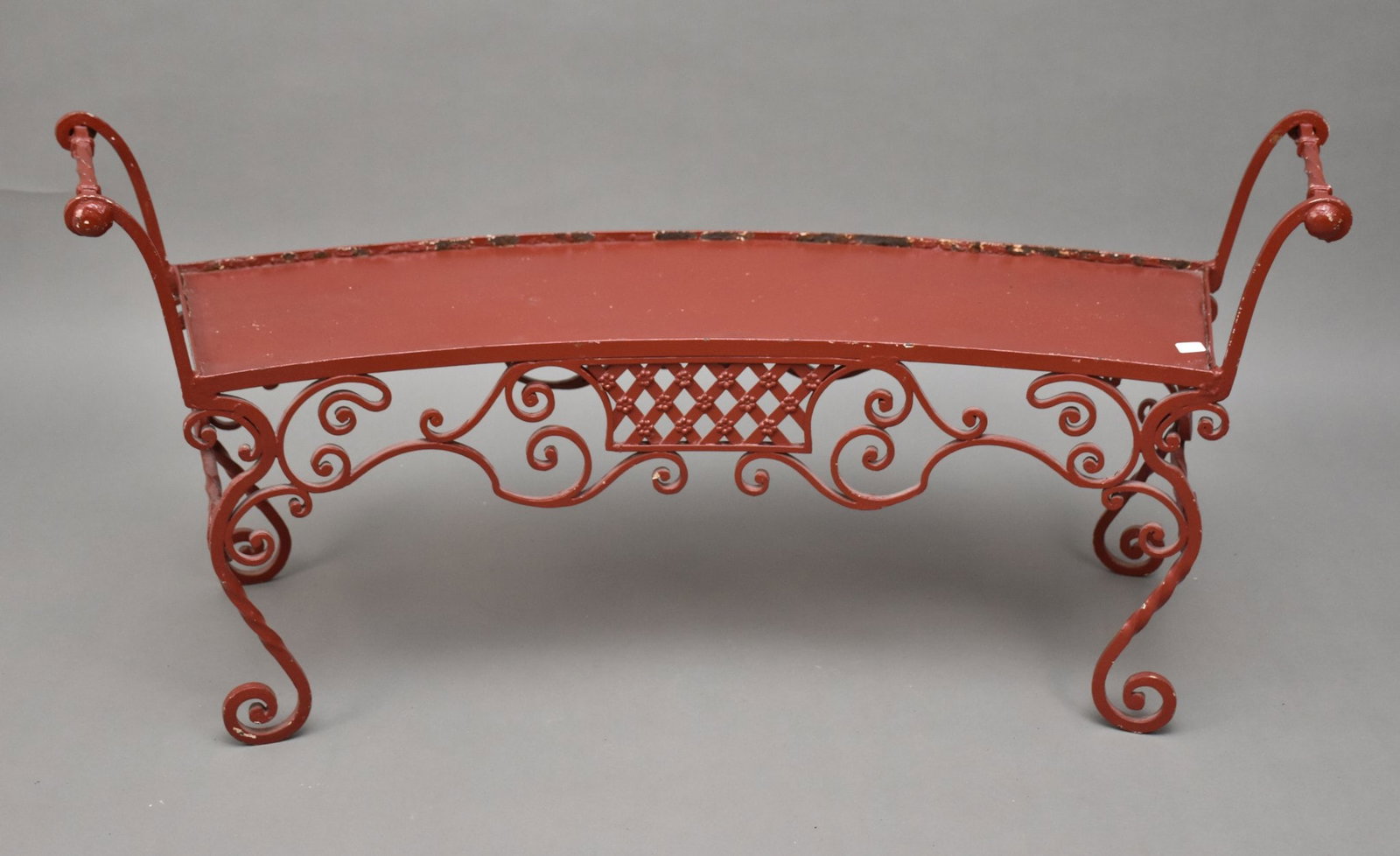 Painted Red Iron Garden Bench, Slightly Curved Fancy Scrolling, 22h x 39"w (1 of 4)