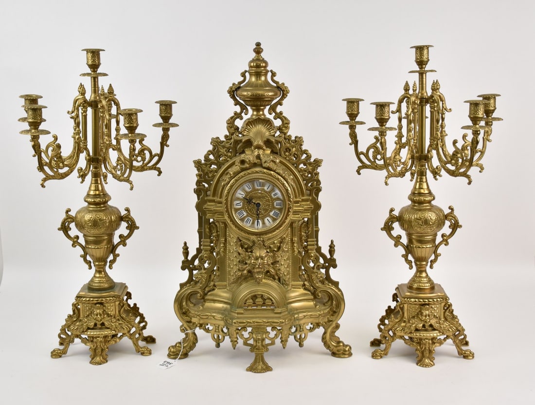 Brass 3pc. Garniture Set, Clock Made in Italy, Imperial, 23"h x 15"w And 2 Candelabras, 24"h (1 of 11)