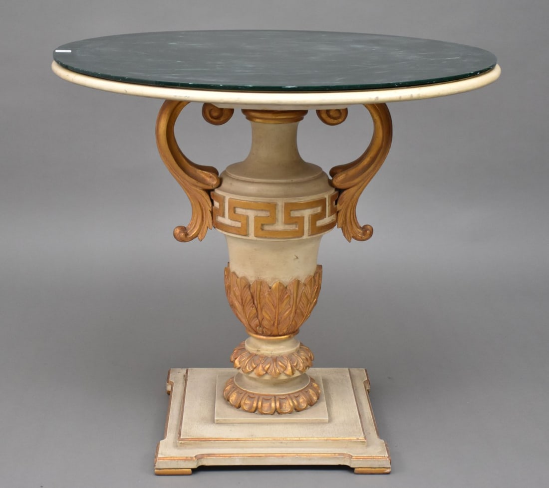 Occasional Table, Urn with Greek Key Gilded Design Pedestal and Removable Green Faux Malachite Top, (1 of 5)