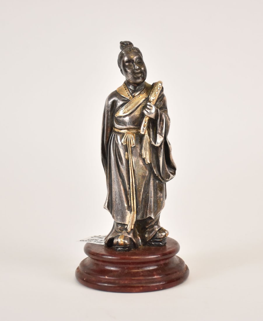Figure of a Chinese Scholar Mounted on Wood Base, Solid Sterling Silver Marked 925 with Gold (1 of 6)