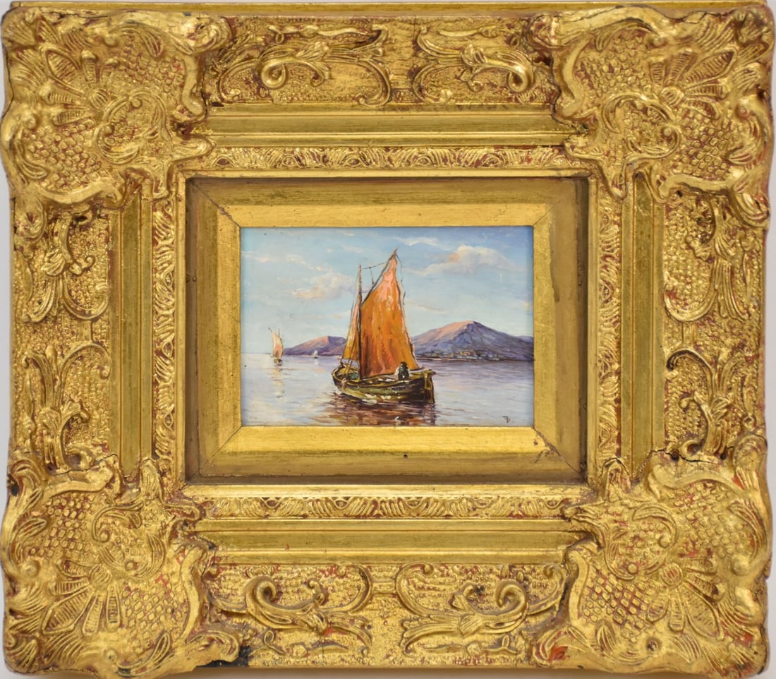 Continental School sailboat seascape signed lower right, gold frame measurements 15 3/8 x 13 1/2 (1 of 5)