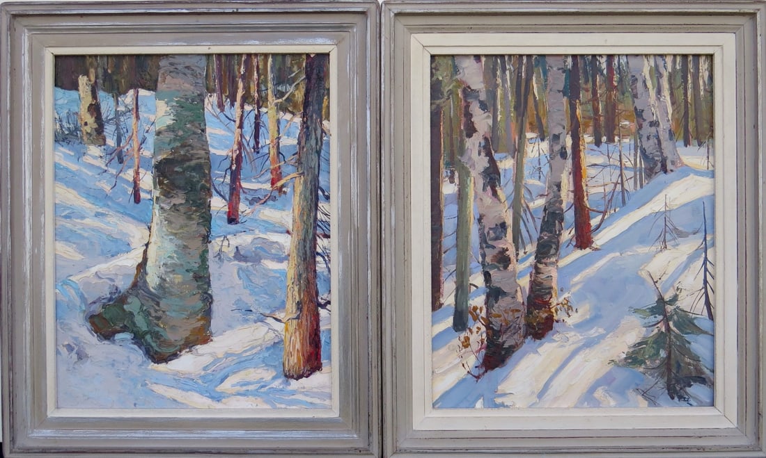 BOB NALLY, (New England, 1938-1990), two Oil Paintings, Winter Landscapes with dramatic shadows on (1 of 15)
