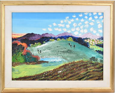 Peter Dean (1934 - 1993) landscape, oil on canvas, "New Corn" 1978, 18 x 24 inches, frame 24 1/2 x: Peter Dean (1934 - 1993) landscape, oil on canvas, "New Corn" 1978, 18 x 24 inches, frame 24 1/2 x 30 1/2