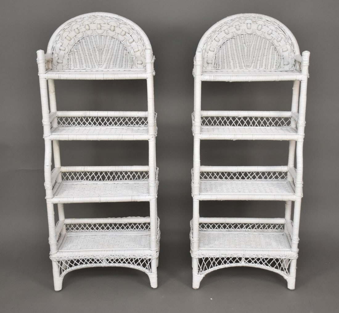 Pair Decorative White Wicker Stands with 4 Shelves (1 of 3)